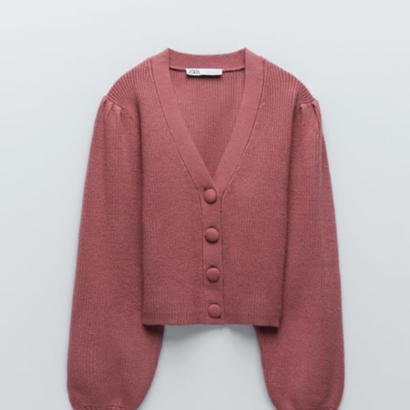 Zara Dark Rose Pink Mauve Knit Puff Shoulder Sleeves Button Up V Neck Cardigan L - Picture 5 of 7